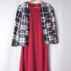 Modest Dress Jacket Set Women Large Red Plaid Workwear Belted Church Office Midi