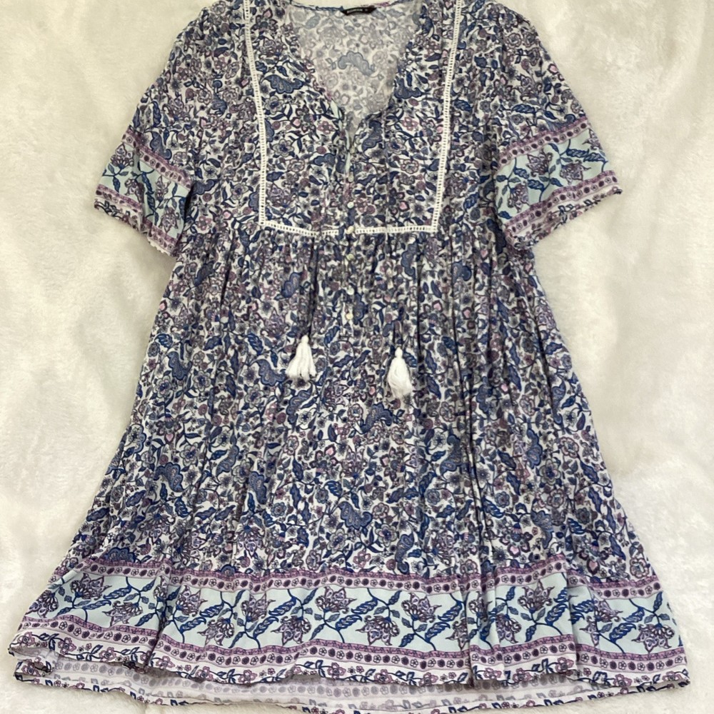 Roman Blue White Pink Floral A-Line Dress V-Neck Knee 18 Button Tassel