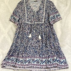 Roman Blue White Pink Floral A-Line Dress V-Neck Knee 18 Button Tassel