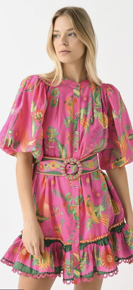 Farm Rio Delicate Fruit Garden Pink Mini Dress Ruffle Puff Sleeve Medium M