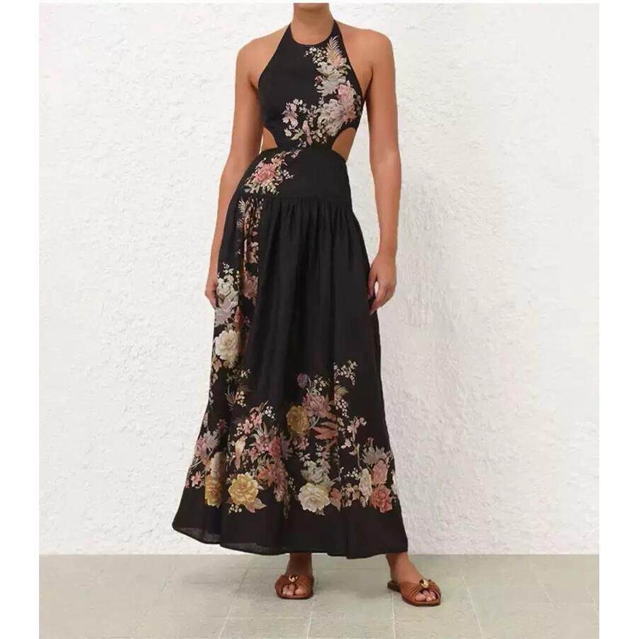 NWT Zimmermann Black Print Halter Backless Long Elegant Dress Women