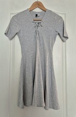 Grey Ribbed Lace-Up Mini Dress – Short Sleeve A-Line Skater Dress