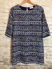 Everly Dress Womens Small Navy Blue Aztec Printed Shift Long Sleeve Career
