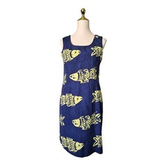 R B Sport Silk Fish Print Dress Blue Yellow Coastal Grandma Sz 10