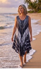 Women&rsquo;s Tie Dye Boho Black Grey Embroidered Sundress ONE SIZE Casual Beach Dress