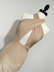 Saint Beige Solid Halter Ruched Stretch Bodycon Midi Dress M Mesh Poly/Spandex