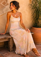 See You Monday ANTHROPOLOGIE Pastel Patchwork Print BOHO Mesh Slip Dress M