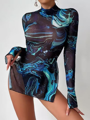 NEW Medium Sexy Blue Marblesque Mini Bodycon Side Slits Hi-Neck Long Sleeve Poly