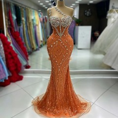 Gala Orange Arabic Party Dress Wedding Prom Dress Sequined Mermaid Evening Gowns
