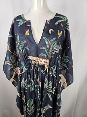 Just Darving Jungly Kaftan Dress Navy Exotic Animal Print & Palm Leaves – One Si