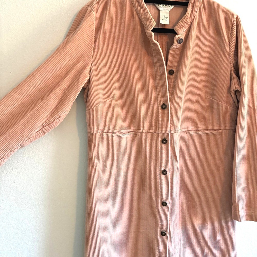 Orvis Corduroy Long Button Front Duster Dress Coat Pink Long Sleeve Womens 8