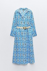 ZARA BLUE PRINT MIDI 100% COTTON SHIRT DRESS W/BELT+ SIDE POCKETS – S