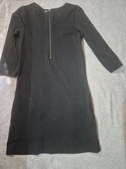 Lacoste Black Solid Scoop Neck 3/4 Sleeve Mini Dress Pleated Logo Pockets 36
