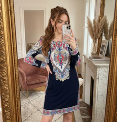 Donna Morgan Black/Multicolor Paisley Round Neck 3/4 Sleeve Shift Dress 6