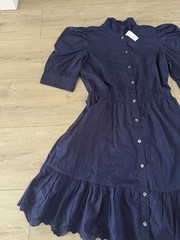 GAP Navy Cotton Eyelet Button-Front Belted Shirt Dress Puff 3/4 Sleeve S Tall