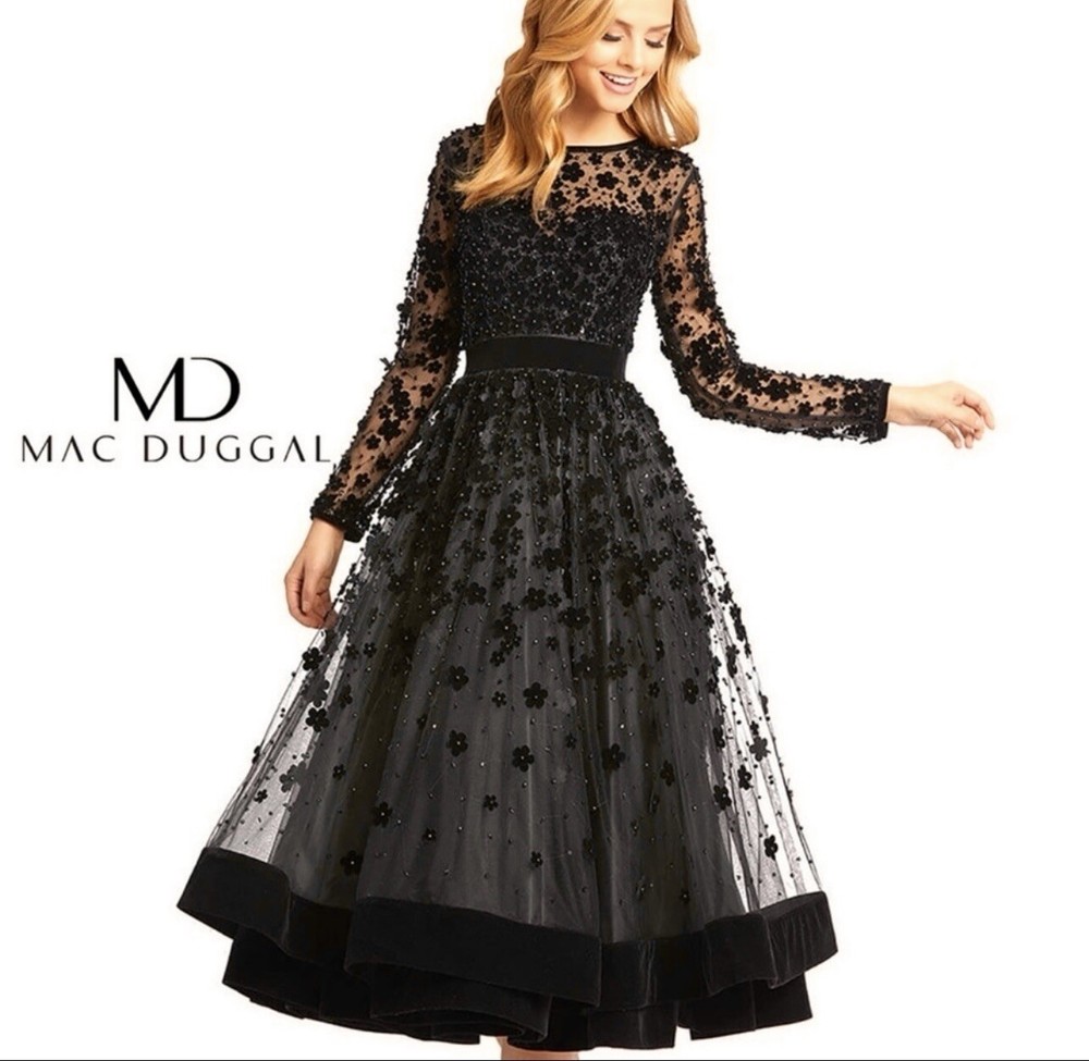 Mac Duggal Tea Length Evening Dress Floral Appliqué Tulle NEW! Flattering!