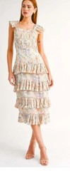 Reset by Jane Kristi Floral Ivo Midi Dress Sz L Smocked Bodice Tiered Ruffle NWT
