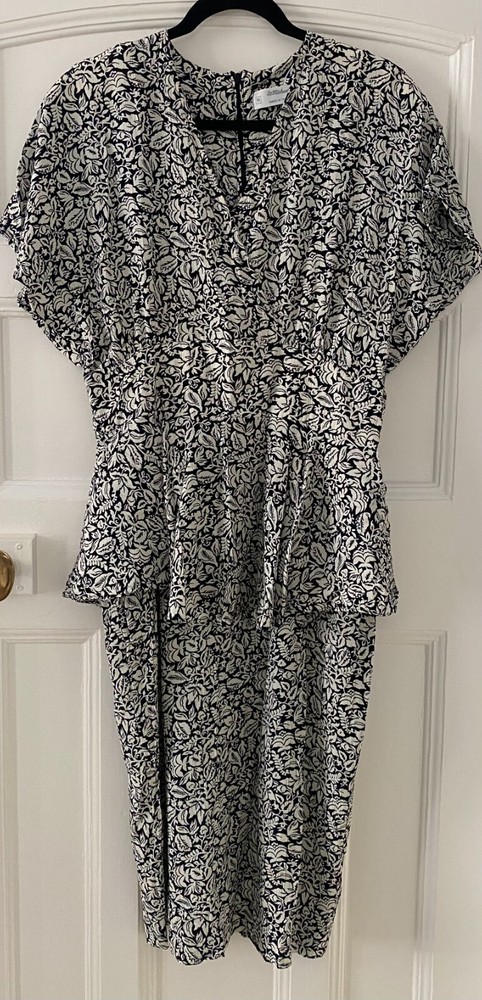 Vintage 80s 90s St Michael M&S black/white Print peplum knee Dress. UK14-16
