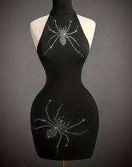 Large Black RHINESTONE SPIDER Bodycon. Sleek Knit Backless Mini Dress. SCARY!