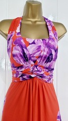 DEBENHAMS size 16 Red Purple halter stretch maxi dress floral holiday summer VGC