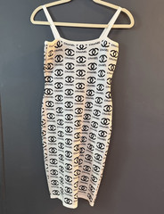 CHANEL White/Black Logo Knit Bodycon Midi Dress Spaghetti Strap Square Neck S
