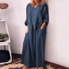 Ladies Side Split V-Neck Cotton Dress Casual Loose Longshirt Holiday Dress –