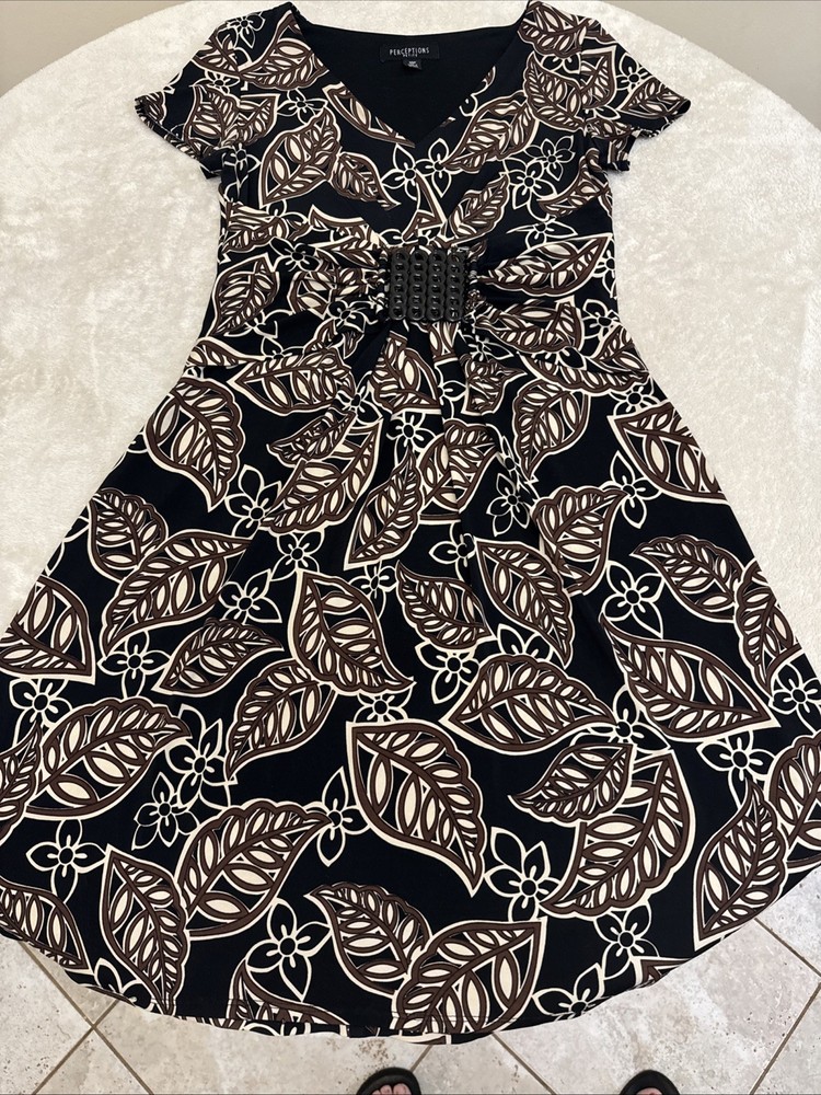 Perception Womens STRETCH Black Brown Beige Floral Fit & Flare Dress 10 Petite