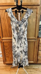 Sue Wong Black White Toile Silk Chiffon Ruffle Sheath V-Neck Midi Dress 10