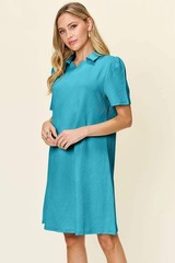 Double Take White Texture Collared Neck Short Sleeve Mini Dress