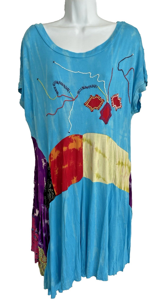 NWT Rising Blue Tie-Dye Boho Patchwork & Embroidery Asymmetrical Dress 2XL