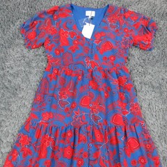 Sugarlips Dress Womens S Blue Floral Maxi V-Neck Puff Sleeve Lined NWT