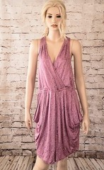 BCBGeneration Draped Pockets Sun Dress Pink Grey Dot Dash Stretch Keyhole Back M