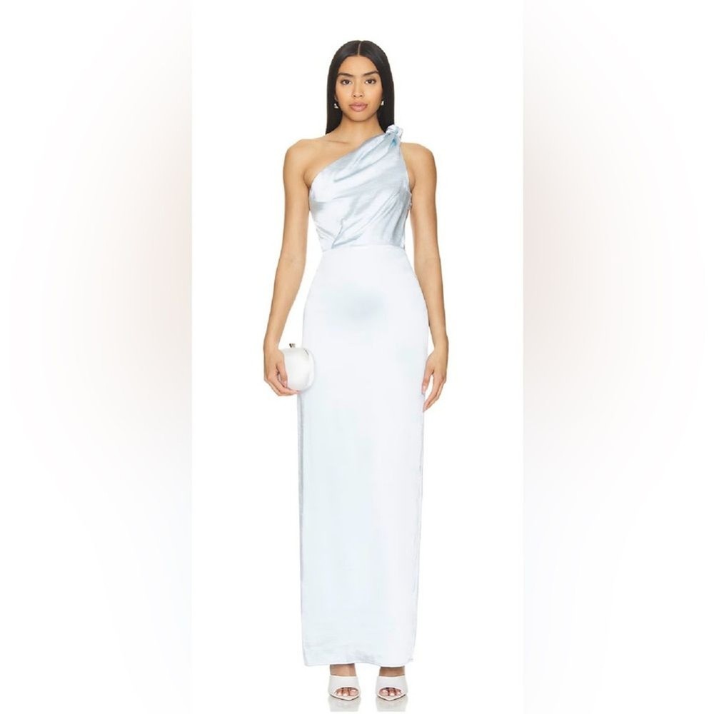 Baby Blue satin one shoulder open back long gown S wedding guest gala formal