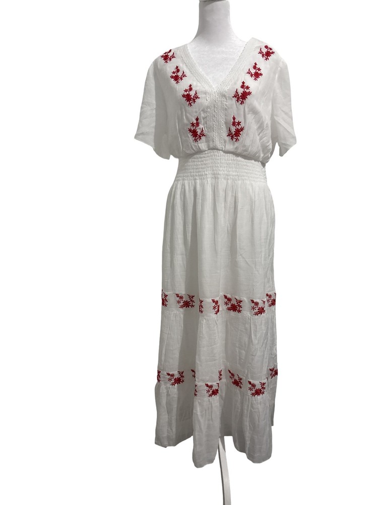 Petite XL NWT Vestido Midi Blanco Bordado Rojo Smock Boho Mexicano PXL