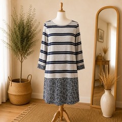 Weird Fish Stripe Shift Dress 100% Cotton Grey Navy Tunic Straight Cut UK 10