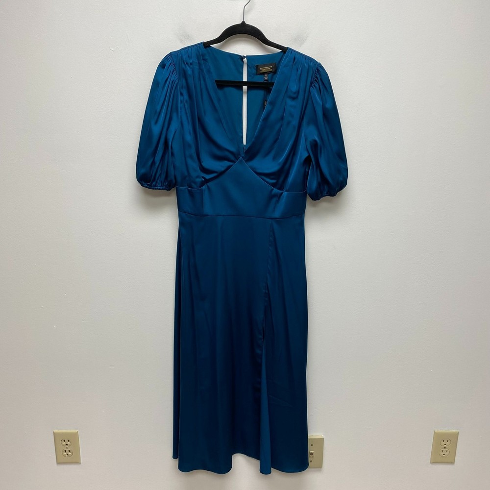 Alexia Admor Womens Blue V-Neck Puff Sleeve Leg Slit Nola Fit Flare Midi Dress 8