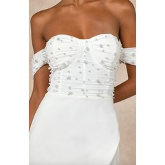 Lulus Immensely Charming White Mesh Pearl Bustier Maxi Dress Wedding Small NWT