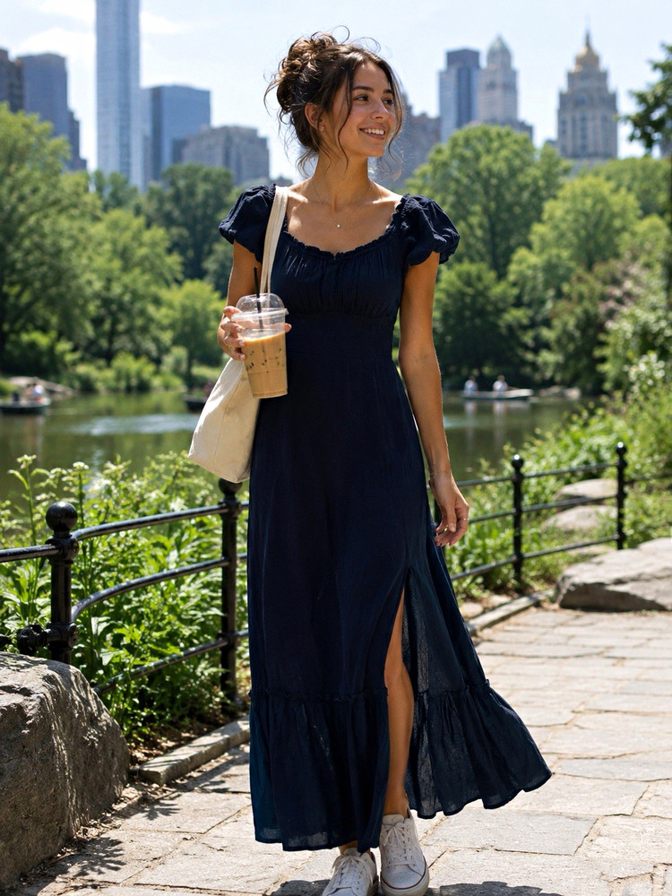 Hollister S Navy Solid Square Neck Smocked Puff Short Sleeve Ruffle Maxi Dress