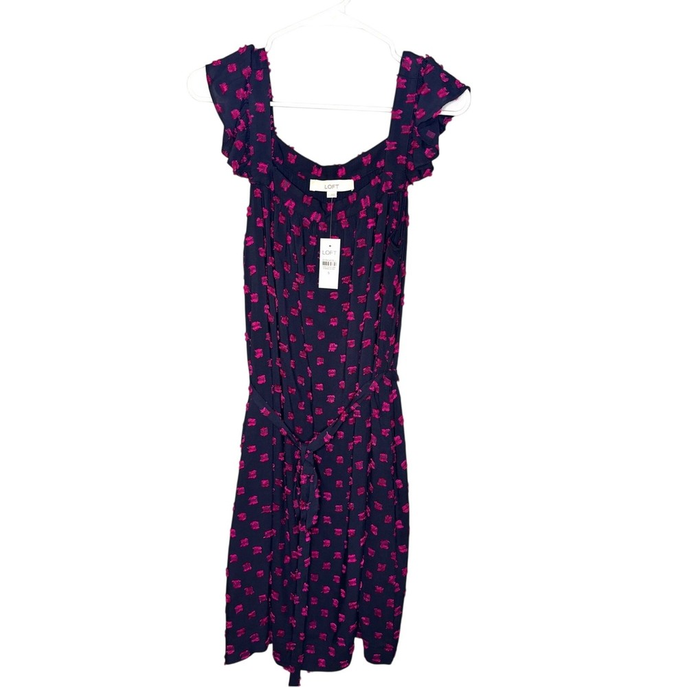 LOFT NWT Flutter Sleeve Belted Navy & Pink Textured Block Dot Dress S