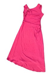 Red Solid Knit Polyester V-Neck Ruched Ring A-Line Midi Dress Sleeveless M