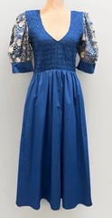 Aureum Women’s Long Blue Puff Sleeve Embroidered Smocked Peasant Dress Med NWT