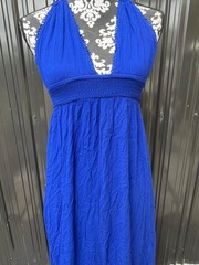 Forever 21 Women’s Blue S Maxi Dress V-Neck Halter Smocked Backless Tassel