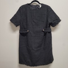 H&M Mama Black Boucle Maternity Dress Gold Button Fringe Tweed Style Size L