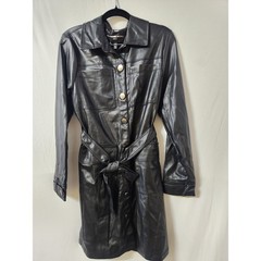 Adrienne Landau Onyx Faux Leather Shirt Dress Black Belt Button Front Sz SM NWT