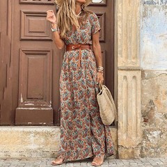 Womens Boho Floral V-Neck Maxi Dress Ladies Summer Beach Casual Holiday Sundress