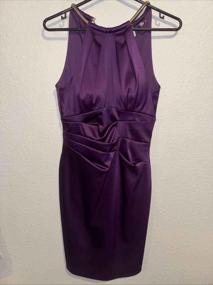 Eliza J Purple Dress Size 4 Satin Halter Gold Metal Collar Ruched Cocktail Party