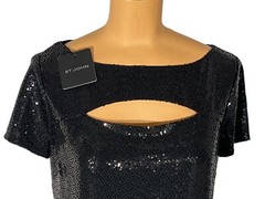 NWT ST. JOHN Knits Black Sequin Stretch Crepe Sheath Shift Dress sz 16 $1495