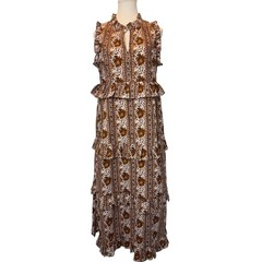 Livro Women Brown Floral Block Print Cotton Tiered Ruffle Maxi Dress Small