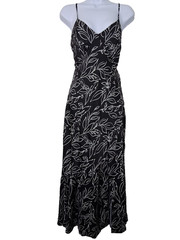 Blue Pepper Leaf Print Black Midi Dress Size Med Side Slit Ties Back Ruffle Hem