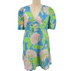 Rhode Mariana Dress Blue Psychedelic Flower Linen Ruffle Hem Size 14 NWT